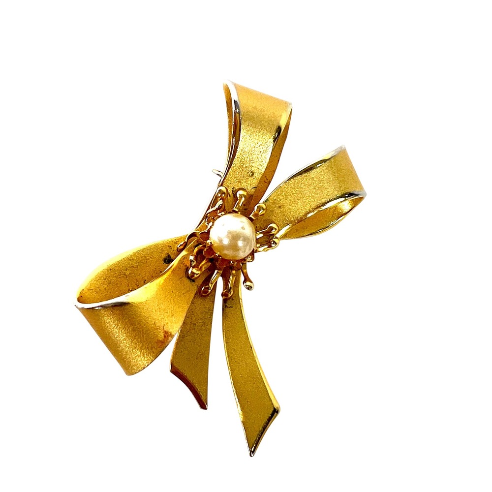 Vintage Coro Gold Tone Bow Brooch Faux Pearl Accent Signed Costume Jewelry